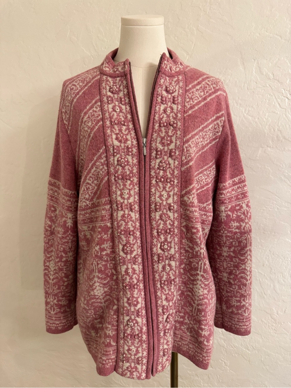 Pendleton Rose and Cream Patterned Zip Cardigan
